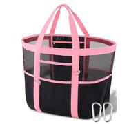 Yeendibo Chic & Spacious - Borsa da spiaggia XXL da donna, 12 tasche, in rete impermeabile, leggera, include 2 moschettoni, Rosa e nero., XX-Large, Resistente alla sabbia