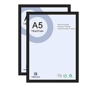 YEEPHAN Set di 2 cornici per foto formato A5/21 x 15 cm, colore nero, in metallo e alluminio, con parte anteriore in plexi-glass, per tavolo e montaggio a parete