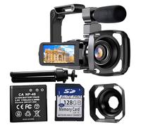 yeeplant Videocamera 4K, fotocamera digitale da 56 MP con microfono, include scheda da 128 G, stabilizzatore, treppiede, paraluce, zoom 18x, visione notturna IR, touch screen da 3 pollici, 2 batterie