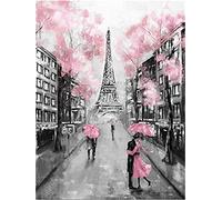 YEESAM ART Novità Dipingere con i numeri, adulti bambini, Torre Eiffel di Parigi, Romantico, Fiore di ciliegio rosa, 40 x 50 cm, tela di lino, fai da te