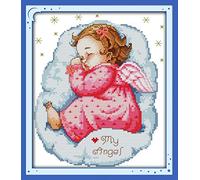 YEESAM ART Set per ricamo a punto croce, per adulti, principianti e bambini, motivo: angelo addormentato, 11 ct, 28 x 35 cm, pre-stampato, kit per ricamo fai da te (bambino)