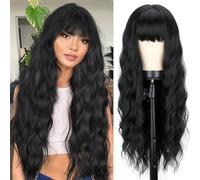 YEESHEDO 30 pollici Parrucche da Nero lunghe ondulate con frangia per le donne, parrucca sintetica resistente al calore per cosplay di festa