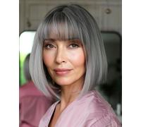 YEESHEDO Parrucca corta Bob grigio con radice scura capelli parrucche dritte con frangia piatta sintetica colorata Cosplay parrucca quotidiana per le donne naturali come capelli umani 30 cm