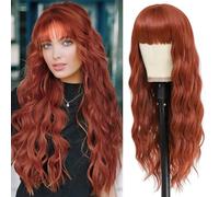 YEESHEDO, Parrucca lunga 71 cm, color castano rosso, per donne, con frangia, capelli sintetici ricci e ondulati dall'aspetto naturale, per travestimenti quotidiani o di Halloween, per donne