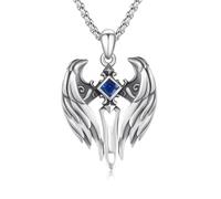 YEESIA Collana da uomo con ali d'angelo, in argento Sterling 925, con zaffiro, gioiello religioso, idea regalo per uomini e donne, 26mm, Argento sterling, Zircone