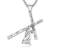 YEESIA Collana da uomo con croce di Gesù, in argento Sterling 925, con ciondolo a forma di croce e credenza, per uomini e donne, 40*32mm, Argento sterling, Nessuna pietra preziosa