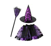 YEJBBUC Costume da strega con cappello e scopa, da strega, per Halloween, viola, da 90 cm a 140 cm