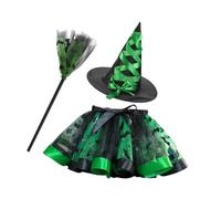 YEJBBUC Costume da strega con cappello e scopa, per Halloween, colore: verde, da 90 cm a 140 cm