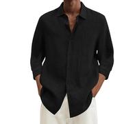 Yekdmxop 2025 Camicia Lino Uomo Elegante Manica Lunga Slim Fit Coreana Camicie Estiva Firmate Cotone Henley Shirts Camicie da Spiaggia Casual con Bottoni Tinta Unita Traspirante Shirt Bianca Nera