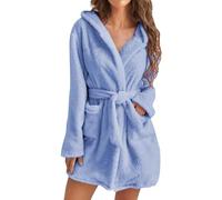 Yekdmxop Accappatoio Donna Corto Vestaglia Pile Invernale Casa con Tasche Cappuccio e Cintura Caldo Vestaglia da Bagno Peloso Curvy per Hotel e Luxury Spa Accappatoio da Palestra donna Leggero Blu