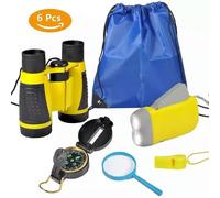 (Yellow) Adventure Kid Outdoor Exploration Kit Backpack Binoculars Magnifying Glass Lensatic Compass Torch Fox Whistle