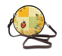 Yellow Grid Daisy - Borsa a tracolla rotonda da donna, in pelle vegana, con motivo coccinelle e farfalle, con tracolla regolabile