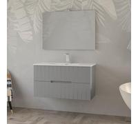 Yellowshop - Mobile Bagno Completo BEAR 100 cm in MDF PVC con Lavabo in Ceramica, Specchio 100×70 cm e Applique LED 30 cm - 2 Cassettoni Soft-Close - Grigio Nuvola