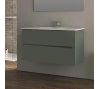 Yellowshop | Mobile Bagno Sospeso 100 cm in MDF PVC con Lavabo in Ceramica KIM, 2 Cassetti Soft-Close e Maniglia a Gola - Design Moderno - Composizione con Lavabo (Verde Opaco)