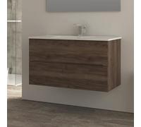 Yellowshop | Mobile Bagno Sospeso 100 cm in MDF PVC con Lavabo in Ceramica KIM, 2 Cassetti Soft-Close e Maniglia a Gola - Design Moderno - Composizione con Lavabo (Legno Noce)