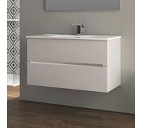 Yellowshop | Mobile Bagno Sospeso 100 cm in MDF PVC con Lavabo in Ceramica KIM, 2 Cassetti Soft-Close e Maniglia a Gola - Design Moderno - Composizione con Lavabo (Bianco Opaco)