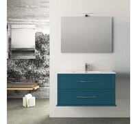 Yellowshop - Mobile bagno sospeso 100 cm MDF Ted, Mobile con lavabo in ceramica, specchio filo lucido e applique LED 30 cm, 2 cassetti in metallo con guide regolabili, maniglie cromate, Blu Petrolio