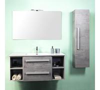 Yellowshop| Mobile Bagno Sospeso 120 cm - 2 Cassetti con Toletta, Lavabo, Colonna, Specchio e Applique - Design Moderno, Finitura Cemento Chiaro (Composizione Completa con Colonna)