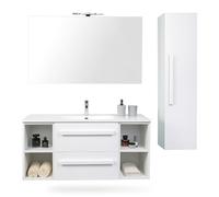 Yellowshop| Mobile Bagno Sospeso 120 cm - 2 Cassetti con Toletta, Lavabo, Specchio e Applique - Design Moderno, Finitura Cemento Bianco (Composizione con Colonna)