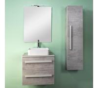Yellowshop | Mobile Bagno Sospeso CM 60 - 2 Cassetti con Lavabo d’Appoggio, Colonna, Specchio e Applique - Finitura Cemento Chiaro (Composizione con Colonna)