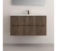 Yellowshop | Mobile Bagno Sospeso FLY 100 cm - 2 Cassetti con Lavabo Ceramica, Finitura Cannettata, Chiusura Soft-Close Noce effetto legno (Mobile con lavabo)