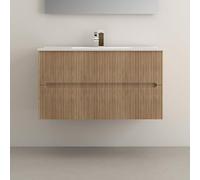 Yellowshop | Mobile Bagno Sospeso FLY 100 cm - 2 Cassetti con Lavabo Ceramica, Finitura Cannettata, Chiusura Soft-Close Rovere Tabacco (Mobile con lavabo)