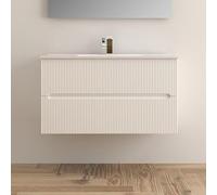 Yellowshop | Mobile Bagno Sospeso FLY 100 cm - 2 Cassetti con Lavabo Ceramica, Finitura Cannettata, Chiusura Soft-Close Bianco Opaco (Mobile con lavabo)