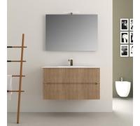 Yellowshop | Mobile Bagno Sospeso FLY 100 cm - 2 Cassetti con Lavabo Ceramica, Specchio LED e Finitura Cannettata, Chiusura Soft-Close Rovere Tabacco (Composizione Completa)