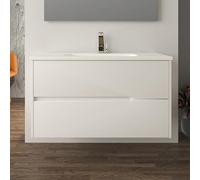 Yellowshop - Mobile Bagno Sospeso PETER 100 cm in MDF PVC con Lavabo in Ceramica, 2 Cassetti Soft-Close e Maniglie a Gola - Design Moderno - Bianco Opaco