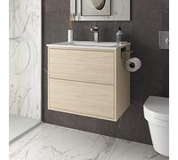 Yellowshop - Mobile Bagno Sospeso Phil 2 cassetti Apertura Push Bianco, Nero e Naturale finitura Opaca, con Lavabo in Ceramica, Specchio e Applique, Design Moderno (Naturale Mobile con lavabo, 60 cm)