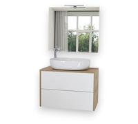 Yellowshop - Mobile Bagno Sospeso SHAPE-PLUS 80 cm, Lavabo da appoggio in Ceramica, Specchio e Applique, Arredo bagno, Design Moderno, 2 Cassetti Push - Vari Colori (Bianco & Rovere Chiaro)
