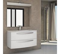 Yellowshop, Mobile Bagno Sospeso STELLA, 100 cm, 2 Cassetti, Lavabo e Specchio LED, Baden House, Bianco Frassinato