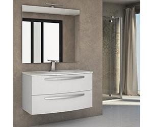 Yellowshop, Mobile Bagno Sospeso STELLA, 100 cm, 2 Cassetti, Lavabo e Specchio LED, Baden House, Bianco Frassinato