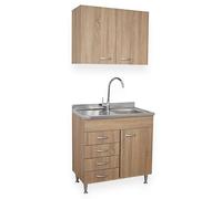 Yellowshop - Mobile cucina sottolavello a 1 anta e cassettiera cm 80 effetto legno rovere well componibile con lavello inox e scolapiatti Basic (Sottolavello completo cass. Sx)