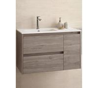 Yellowshop - Mobile Mobiletto Da Bagno Sospeso In Legno Cm 85 Completo Di Specchiera Lampada Led E Lavabo In Porcellana Arredo Modello Noja 855 Varie Colorazioni (Rovere Eternity)