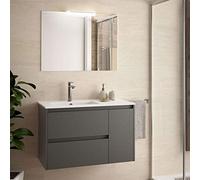 Yellowshop - Mobile Mobiletto Da Bagno Sospeso In Legno Cm 85 Completo Di Specchiera Lampada Led E Lavabo In Porcellana Arredo Modello Noja 855 Varie Colorazioni (Grigio opaco)