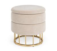Yellowshop - PAVLINA Pouf Contenitore Rotondo in Velluto Beige Ø37,5 x H42 cm, Sgabello Imbottito con Coperchio Removibile e Base in Acciaio Oro, per Salotto e Camera