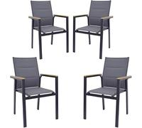 Yellowshop - Set 4 sedie da giardino impilabili braccioli con inserto effetto legno in alluminio e textilene imbottito, Schienale alto, ELLY Antracite