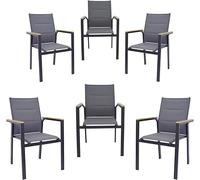 Yellowshop - Set 6 sedie da giardino impilabili braccioli con inserto effetto legno in alluminio e textilene imbottito, Schienale alto, ELLY Antracite