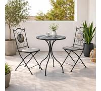 Yellowshop - Set Bistrot Houston 3 Pezzi da Esterno, Balcone, Veranda, Terrazzo, Giardino, Tavolo e 2 Sedie Pieghevoli in Metallo Nero, Piano Ceramica Multicolore Effetto Legno