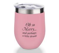 Yelolyio Bicchiere da vino con coperchio, doppia parete sottovuoto in acciaio inox, tazza da viaggio Oh So Merry... e forse un po' ubriaco mantiene freddo e caldo per caffè, cocktail, bevande, regalo