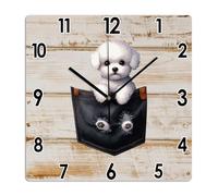 Yelolyio Bichon Frise Orologio da parete divertente orologio da tasca con cane silenzioso senza ticchettio 30 x 30 cm Orologio da parete quadrato in legno per cucina, ufficio, scuola, aula regalo di
