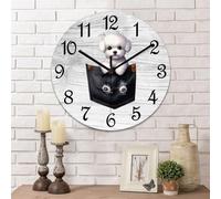 Yelolyio Divertente orologio da parete a forma di cane da tasca con Bichon Frise, rotondo, funzionamento a batteria, 38 cm, silenzioso, moderno, decorazione per la casa per ufficio amera da
