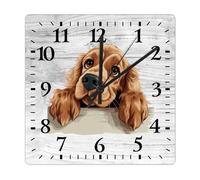 Yelolyio Orologio da parete in legno con cocker spaniel inglese, 30 x 30 cm, stile rustico, arti e mestieri, senza ticchettio, funzionamento a batteria, orologio decorativo per mensola, bagno, pub