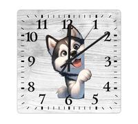 Yelolyio Orologio da parete quadrato siberiano Husky con cane che sbircia intorno all'angolo, grandi orologi da parete a batteria, 27 cm, senza ticchettio, decorazione moderna per la casa per cucina,