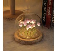 Yelvera Luce notturna a tulipano, lampada a forma di tulipano, petali di vetro e base in legno, illuminazione decorativa funzionale per camera da letto, regalo unico per compleanno, festa della mamma