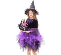Yeory Costume da stregone per bambini, costume da strega per ragazze 140 cm, include abiti di tulle con corde a led, cappello e tote bag