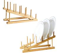 Yeqqzq Scolapiatti in legno, confezione da 2 scolapiatti in bambù, supporto per coperchi di pentole, organizer da cucina, per piatti, ciotole, tazze, coperchi e taglieri