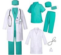 Yeria Costume da medico per bambini, 8 pezzi, costume da chirurgo con camice da laboratorio, scrub, stetoscopio e accessori medici, costume da scienziato per bambini dai 4 ai 5 anni, per Halloween