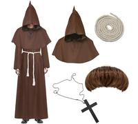 Yeria Costume da monaco medievale da uomo, costume monaco con cappuccio, parrucca monaco marrone scuro, cintura corda di canapa, catena a croce, Halloween, carnevale, XL (175-185 cm) autentica robe